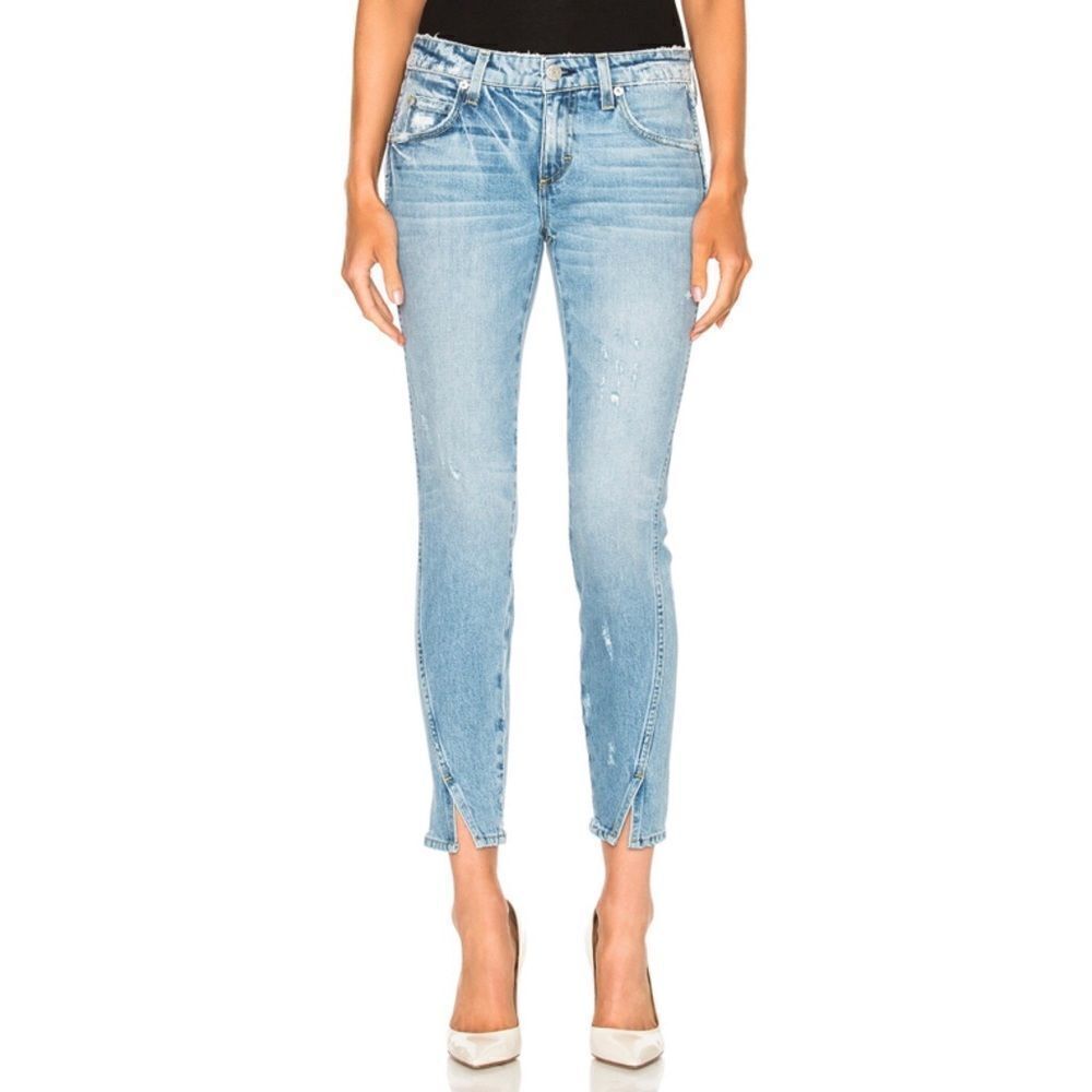 AMO Blue Fairfax Twist Distressed Split Hem Skinny Jeans 24